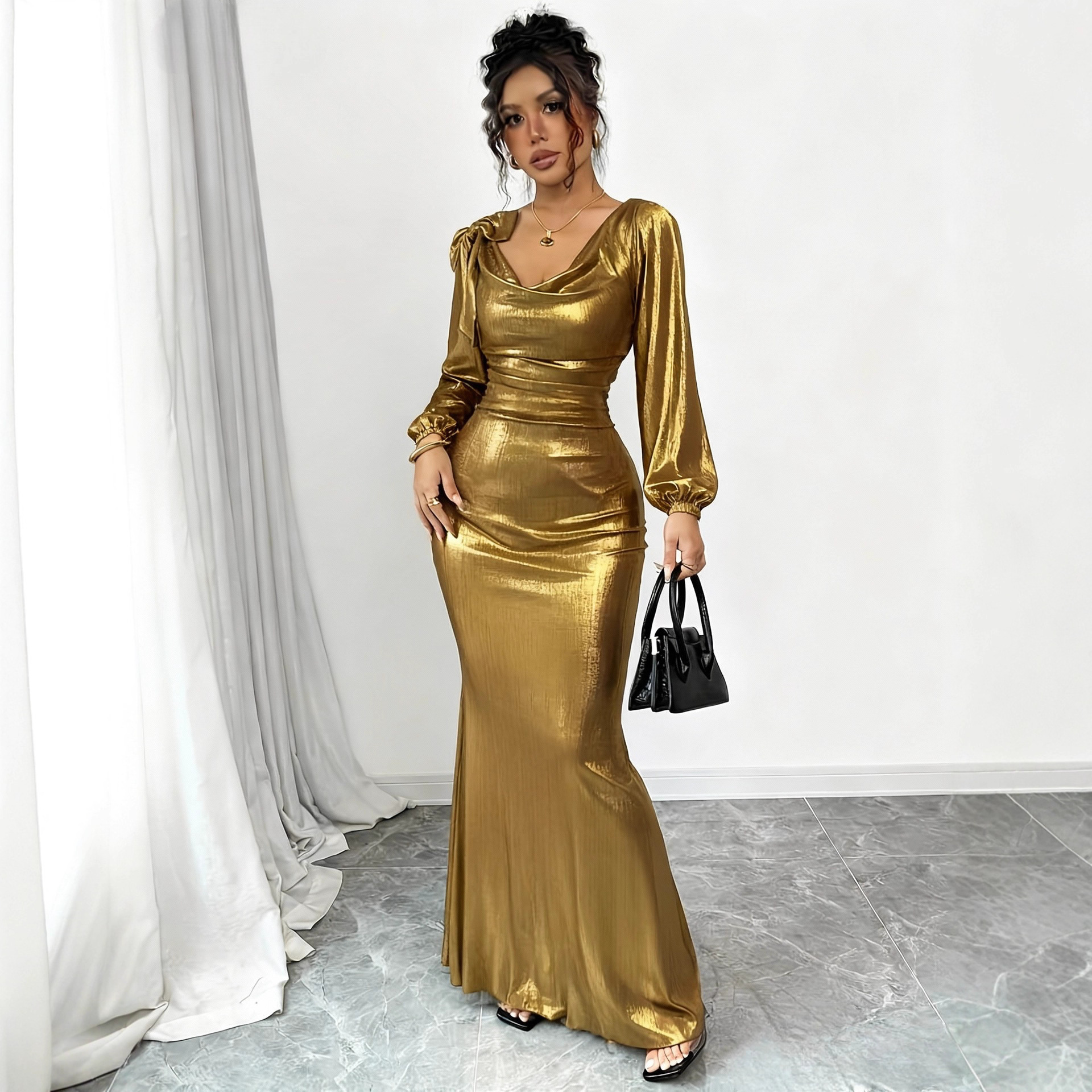 European and American Cross-Border Metallic Luster V Neck Long-Sleeved Dress with Bow Decoration Slimming Look Fishtail Party Skirt for Women