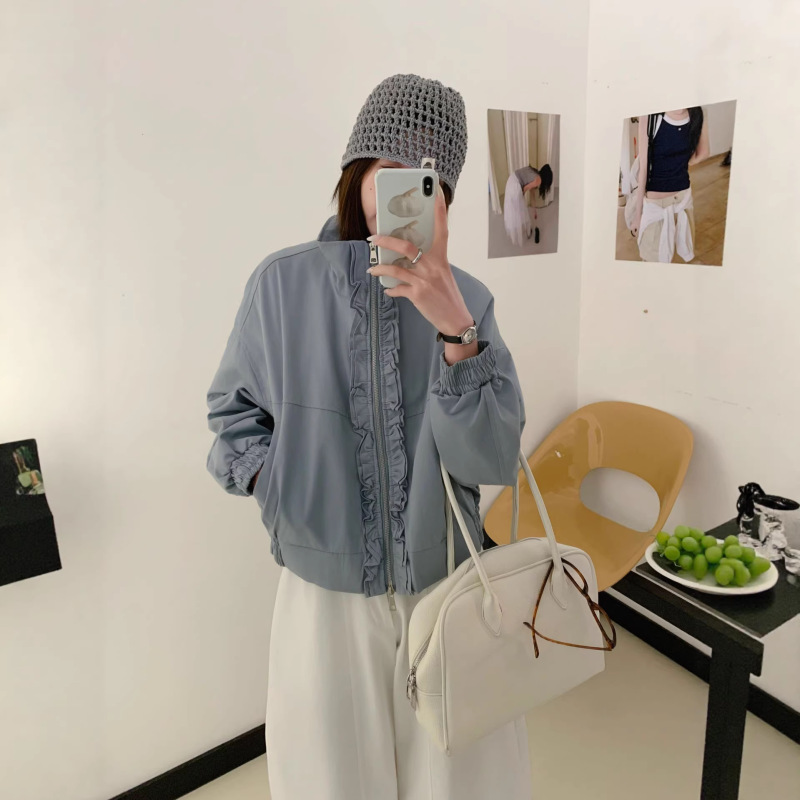 Spring New Korean Style Ruffled Zipper Elastic Cuff Retro Jacket Women's Short Cardigan 1135