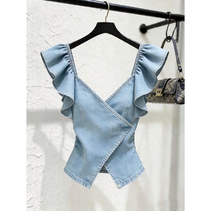 New Style Commuter Style Blue Denim Ruffled Top for Women, Elegant Cross-Shoulder Straps, Slimming Blouse, New Summer Style