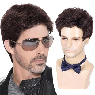 2025 European and American New Men's Brown Short Curly Hair with Long Bangs, Short Curly Men's Hair, Natural Curly Fluffy Chemical Fiber Headgear