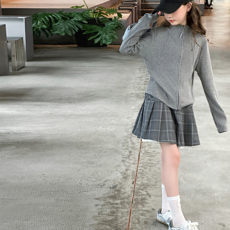 女童套装2025年秋季新款中大童卫衣开衫假两件格子百褶裙两件套潮|undefined