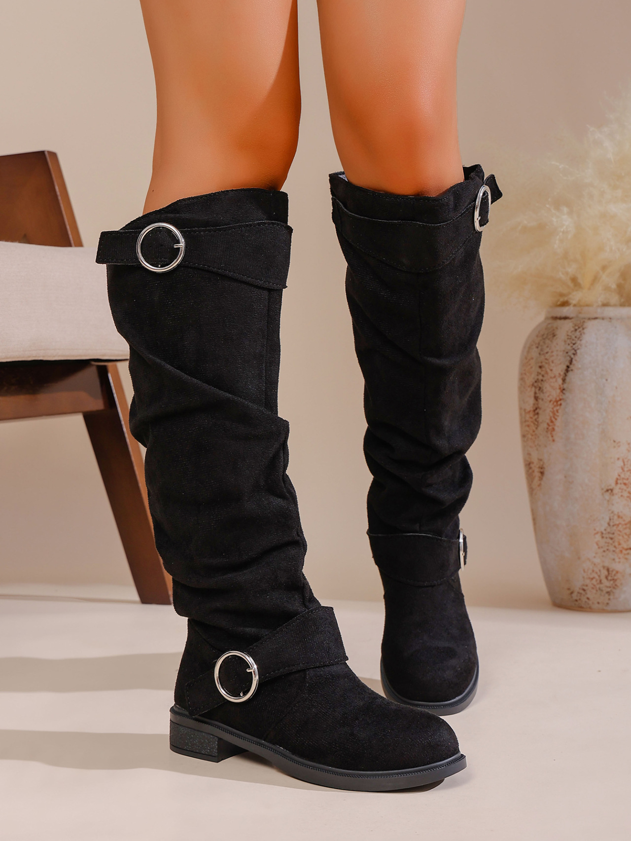 Women's High Top Pleated Belt Buckle Boots Suede Slip on Retro Riding plus Size Winter New Style_vogvips.com