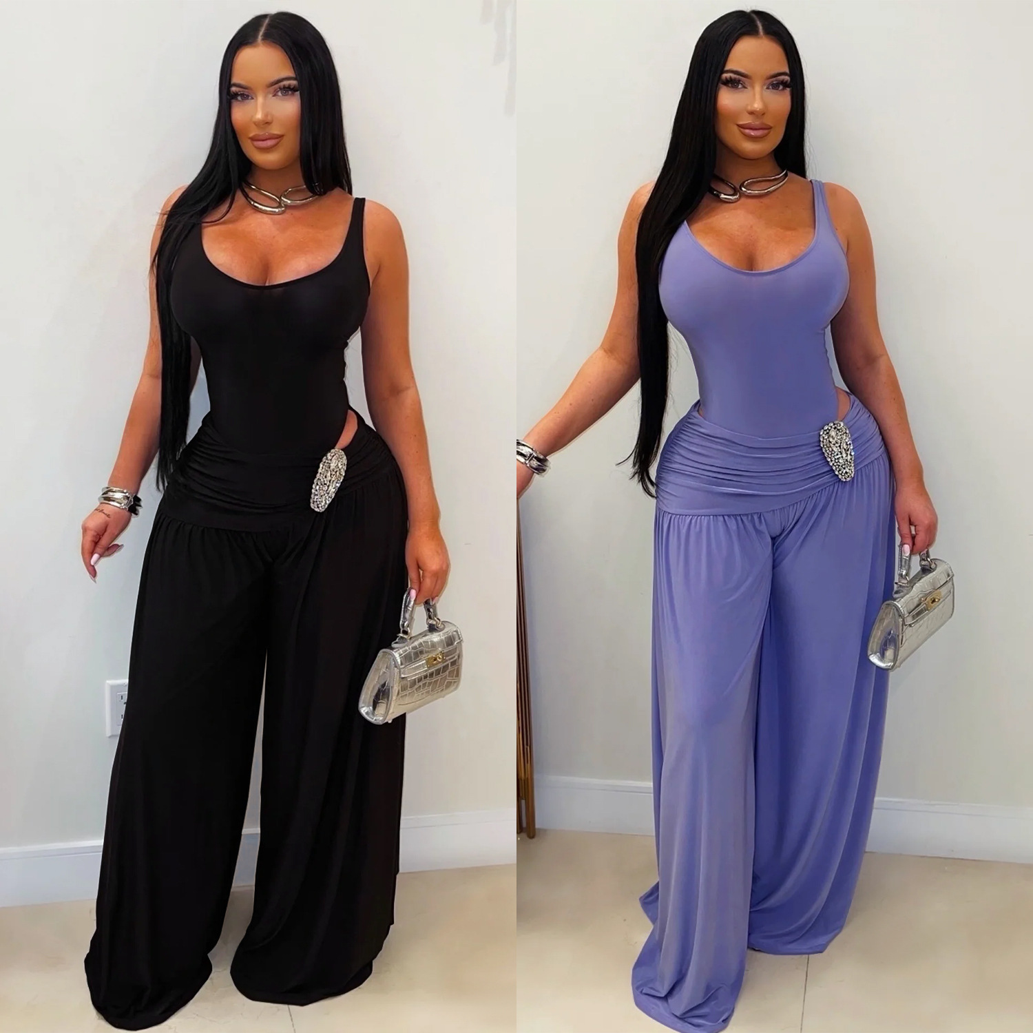 C7779 transfronterizo 2026 nueva ropa de mujer de color sólido U cuello de cintura alta delgada pantalones de piernas anchas sexy hot-girl plantares casuales