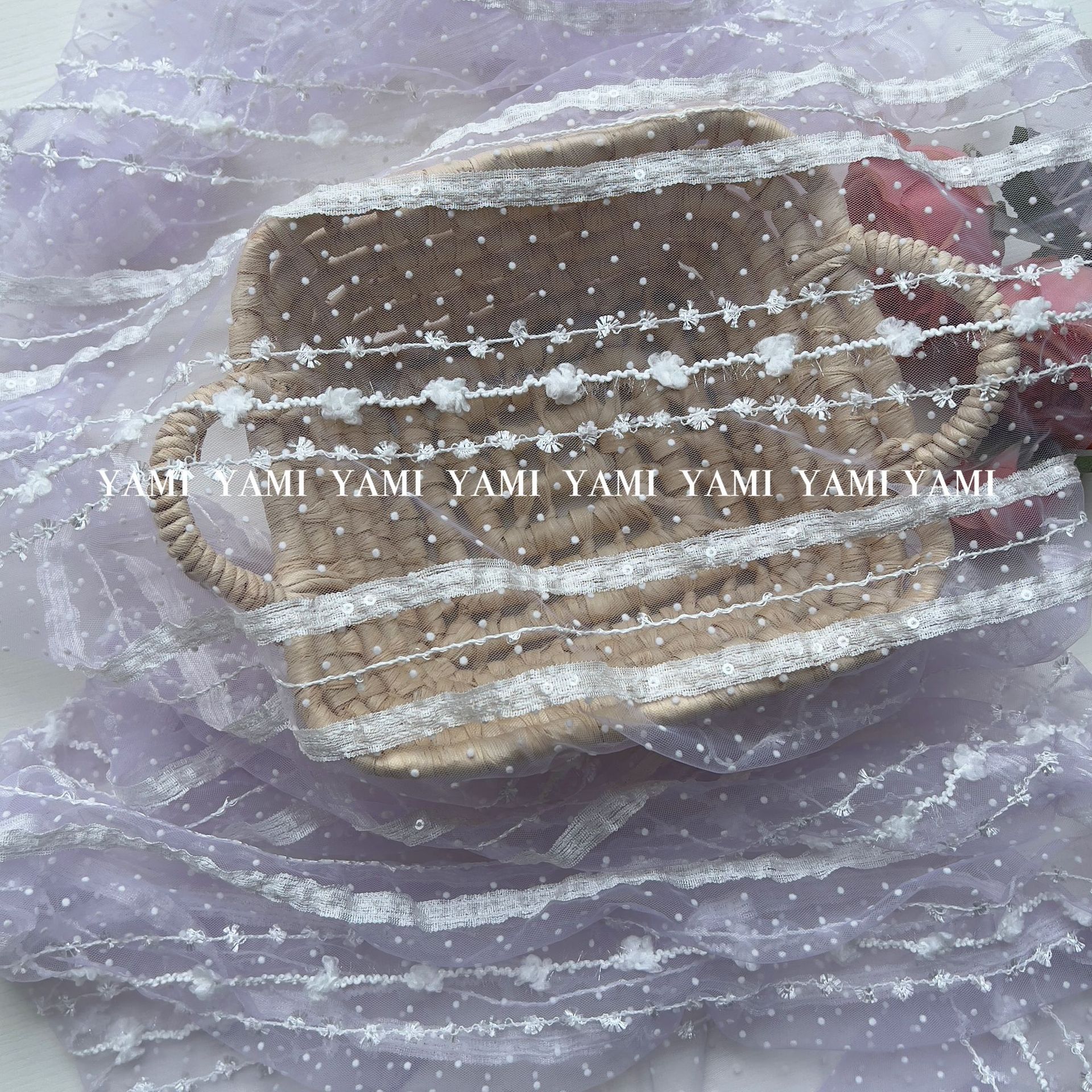 Bordado de rayas pastel falda tela de malla gaza flocado punto gancho flor bordado vestido de boda tela Lolita