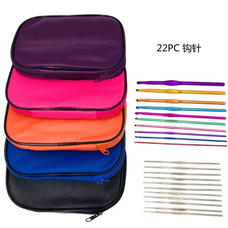 Set de ganchillo metálico 22 piezas, funda de cuero, color aluminio, tejido a ganchillo, 100 uds disponibles
