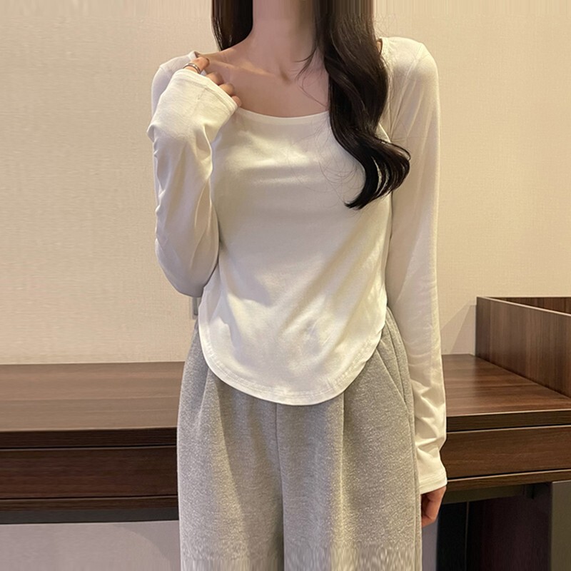 Irregular Curved Hem U-Shaped Long-Sleeve T-Shirt for Women, 2026 Spring and Autumn New Korean Style Elegant Slim-Fit Top Irregular Curved Hem U-Shaped Long-Sleeve T-Shirt for Women, 2026 Spring and Autumn New Korean Style Elegant Slim-Fit Top