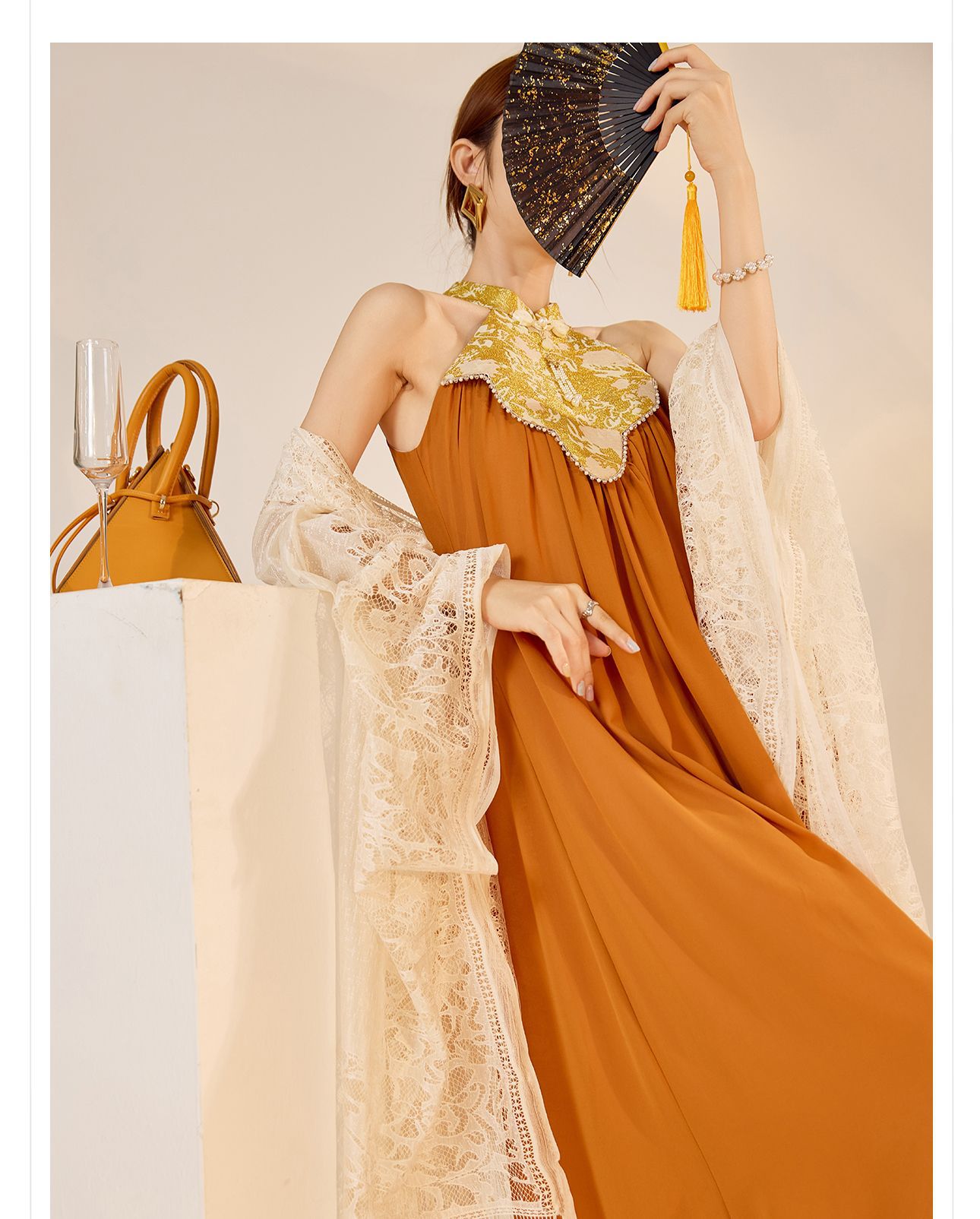 Váy dài cổ qipao thiết kế sang trọng mùa xuân hè — Màu cam, Màu mơ chi tiết 13