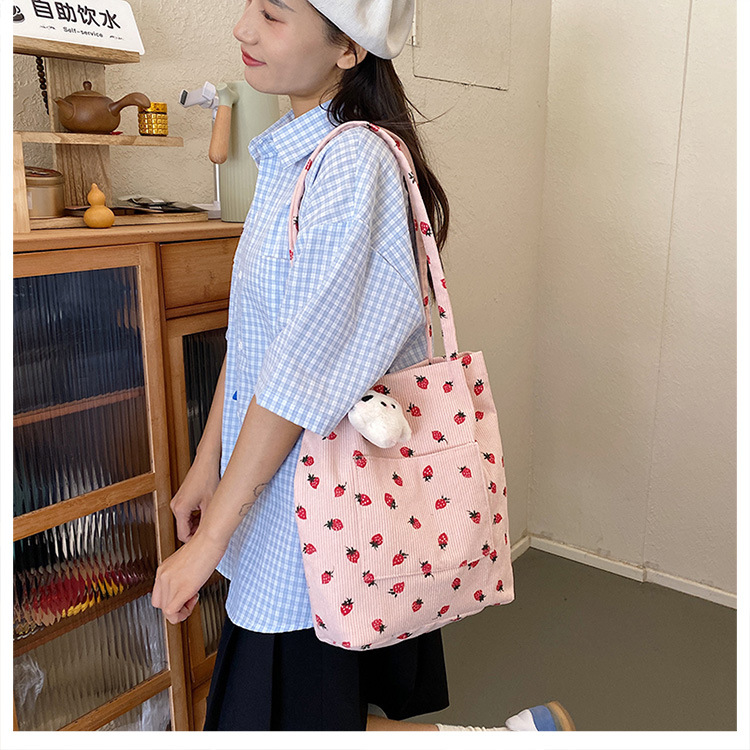 375g Weight Polyester Lining Material Magnetic Buckle Closure Type Double Shoulder Straps Strap Type Bucket Bag Bags Type Holiday, Daily Occasion Corduroy Material Strawberry Pattern Spring&Summer Season Women's Gender Cute Style Square Shape Medium Size Women's Medium Corduroy Strawberry Cute Square Magnetic Buckle Bucket Bag 5