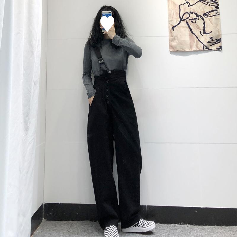 Black One-shoulder Denim Strap Pants Women's Korean-style Loose Spring Detachable Wear Wide-leg Age-reducing Strap Pants