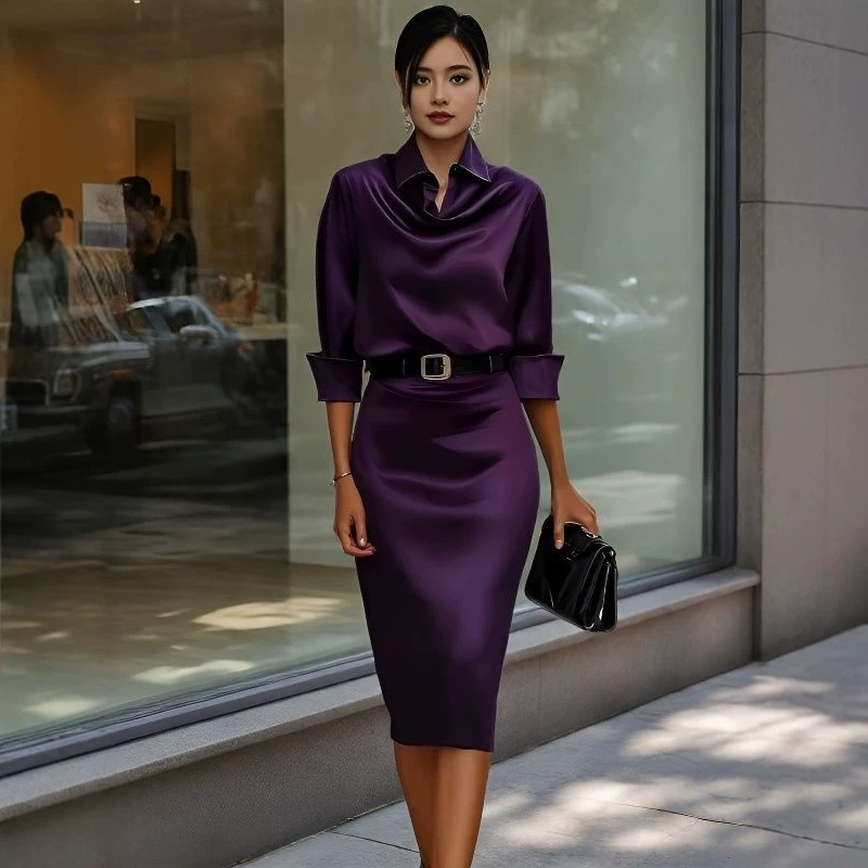 New European and American cross-border satin ruched collar shirt dress with long sleeves, waist-cinching, and belt, elegant and suitable for commuting, mid-length dress for women New European and American cross-border satin ruched collar shirt dress with long sleeves, waist-cinching, and belt, elegant and suitable for commuting, mid-length dress for women