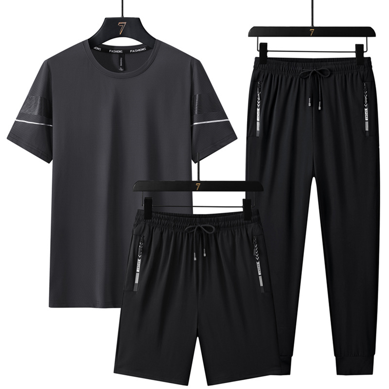 Trajes deportivos de seda de hielo de verano para hombres, mangas cortas, pantalones cortos, pantalones largos, carreras casuales, secado rápido, delgado, conjunto de tres piezas al por mayor