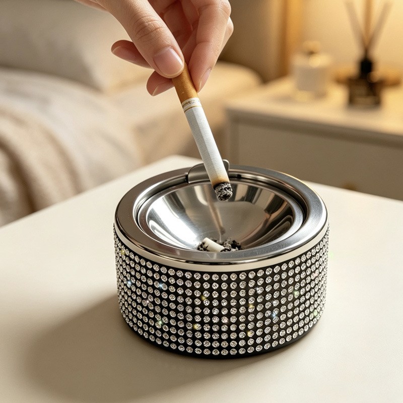 Stainless steel ashtray, creative and personalized, prevents ash from flying, high aesthetic value, inlaid with diamonds, suitable for hotels, homes, and offices