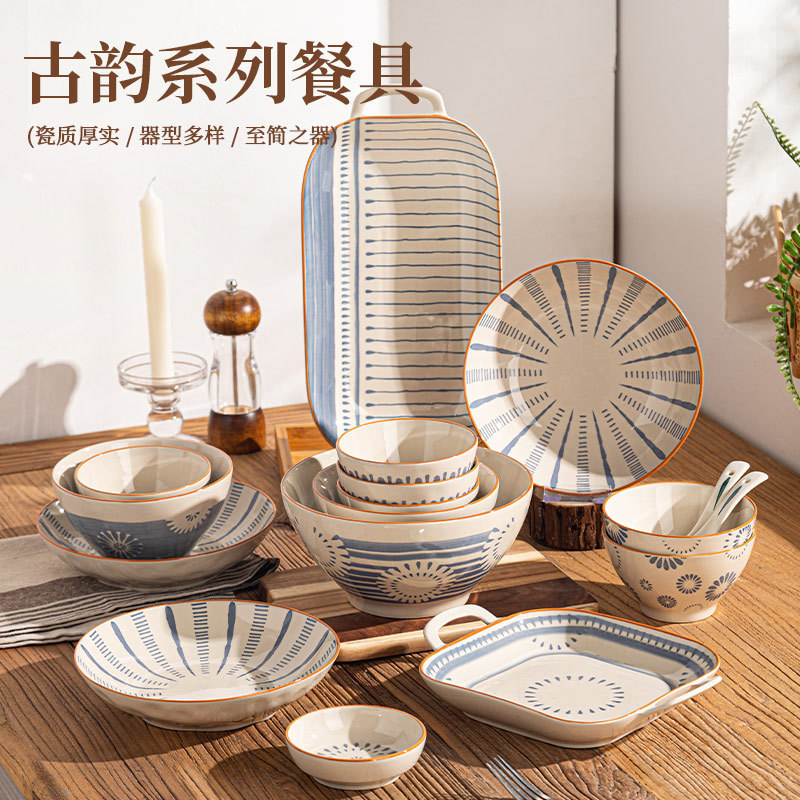 Vintage Ceramic Bowl and Plate Dinnerware Set for Home Use, Rice Bowl, Niche Underglaze Color Double-Handle Fish Plate, Chinese-Style Coarse Pottery