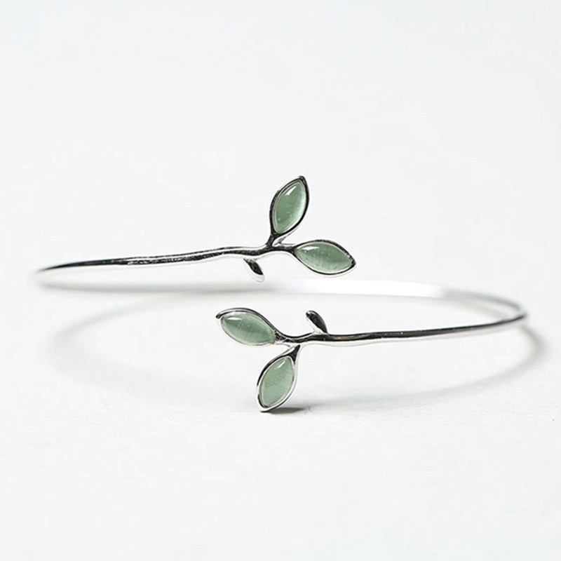 Brazalete de hojas de plata esterlina 925 piedra de ojo de gato japonés y coreano simple pulsera de estudiantes Mori abierta de pulsera universal ajustable