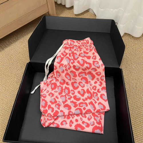 Pink Leopard Print Cool Pants Summer Print Wide Leg Pants Women High-Waisted Thin Version Loose Drape Floor-Length Strolling Pants