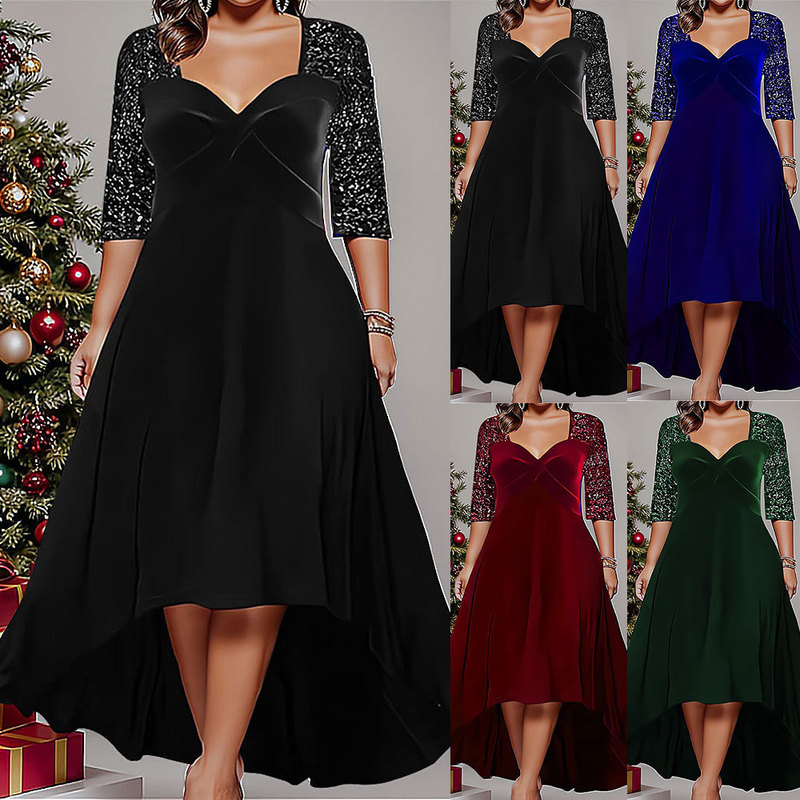 Cross-border new European and American solid color V-neck long-sleeved sequined large swing dress 2023 autumn and winter plus size women's long dress for women