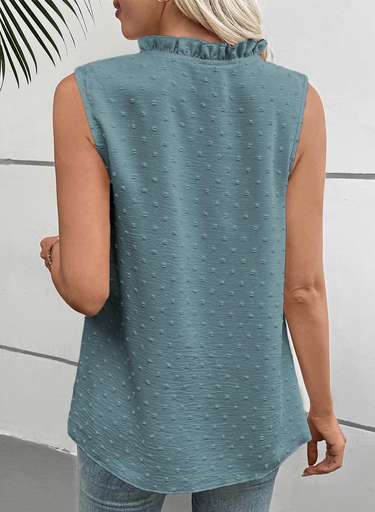 Women's Swiss Dot Lace Trim Sleeveless V-Neck Blouse, Relaxed Fit Breathable Top For Casual & Office Wear_ecoleips.com