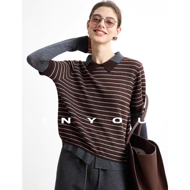 Designed Striped Niche Versatile Soft Sheep Wool Texture Fake Two-Piece Striped Sweater for Women