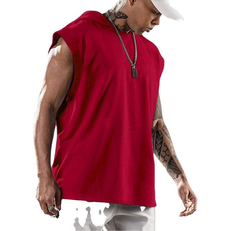 2021 Amazon New Loose Hooded Sweater Men's Sleeveless Sports Fitness European and American Fashion Pullover Stitching