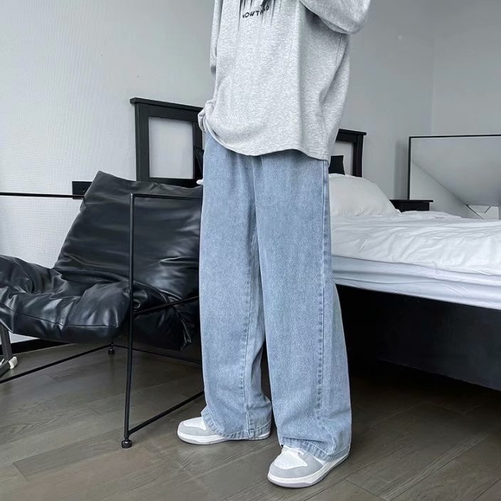Elastic waist jeans men's autumn thin fashion brand all-match cropped pants ins Hong Kong style student loose straight pants Elastic waist jeans men's autumn thin fashion brand all-match cropped pants ins Hong Kong style student loose straight pants