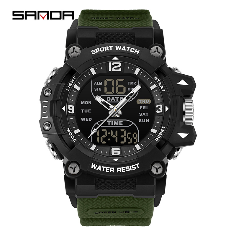 SANAD Sanda Dual Display Deportivo Estudiante Multifuncional Luz Nocturna Tres Destinados Reloj de pulsera Reloj electrónico de segmento impermeable