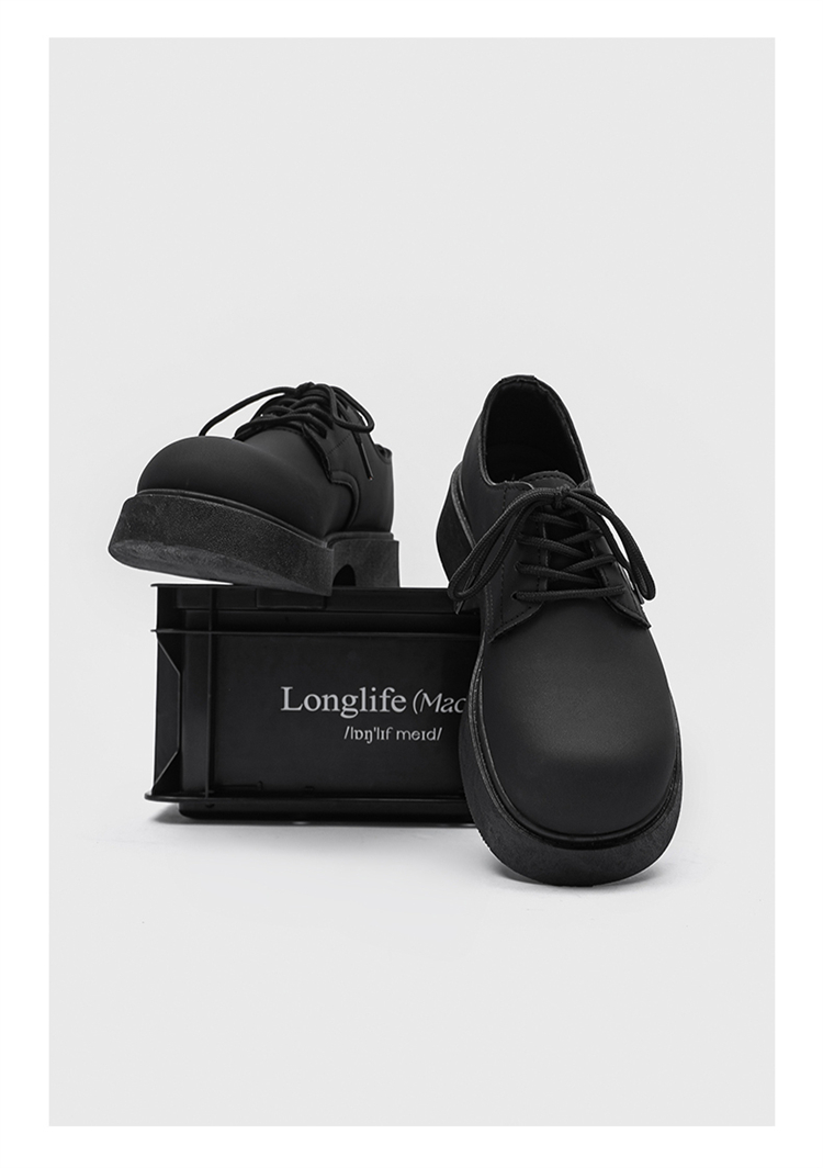 ShoeVault Round Toe Derby For Men Winter Casual Chunky Couple Thick Sole Height Increasing Black Matte British Leather Shoes_voghion.com