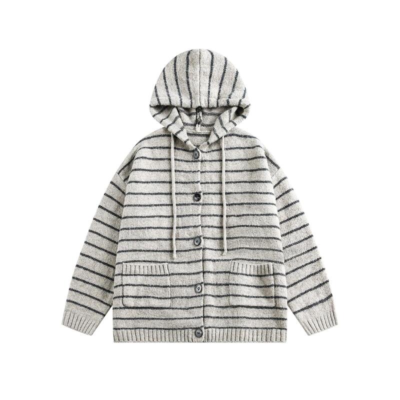 American Retro Scottish Style Striped Knit Sweater for Women and Men, Loose and Lazy Versatile Couple's Hooded Cardigan Jacket