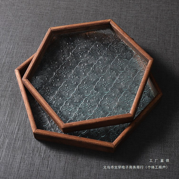 Стеклянный поднос с тиснением в стиле ретро Begonia, прямоугольный поднос для фруктов, бытовой деревянный чайный поднос, восьмиугольный чайный поднос
