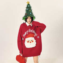 韩版圣诞老人圆领毛衣女冬季百搭套头衫宽松休闲氛围感情侣针织衫