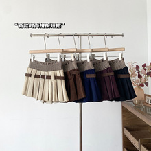 针织拼接配皮带防走光a字百褶裙女2025秋季新款韩版百搭半身短裙