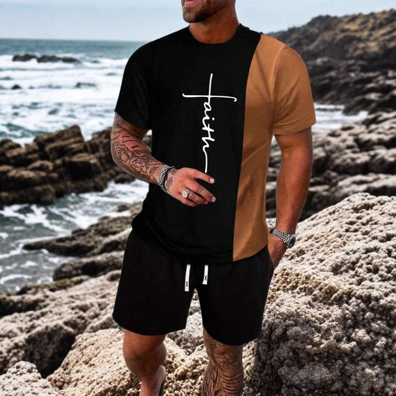 국경 간 Amazon 새로운 남성 반팔 티셔츠 정장 3D 인쇄 여름 캐주얼 스포츠 남성용 속건성 비치 바지