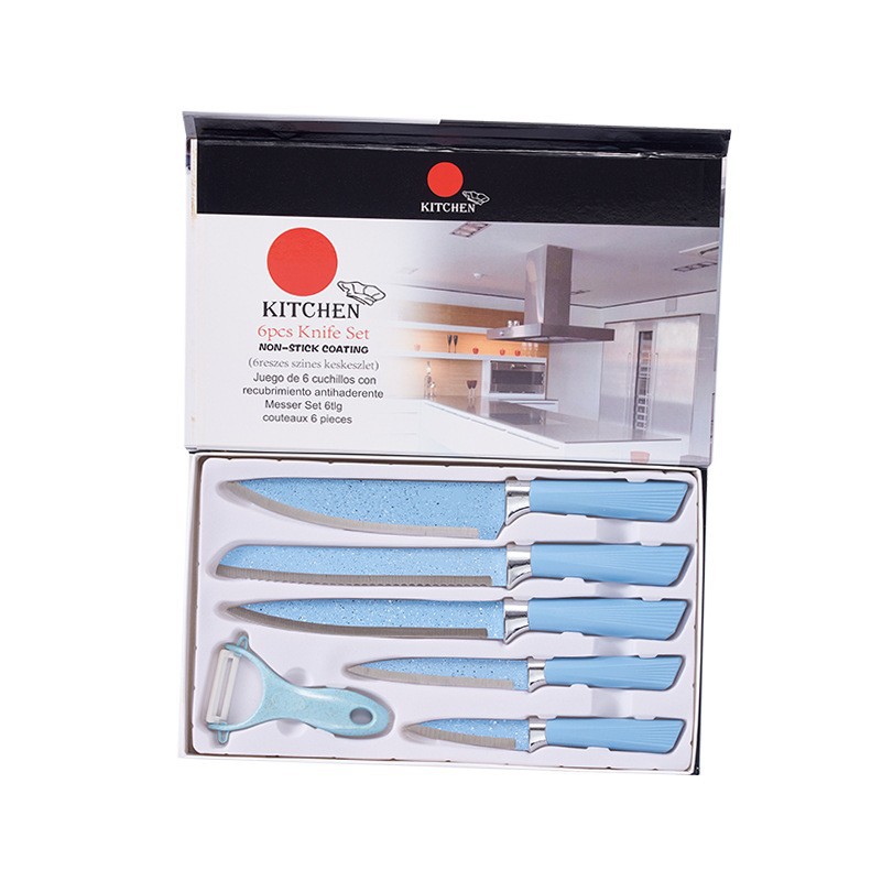 Inventario al por mayor nuevo acero inoxidable pulverización rosa diamante manija viejas seis piezas cuchillo conjunto de herramientas de cocina