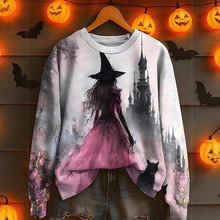 2025万圣节女巫印花圆领长袖休闲亚马逊欧美女装速卖通独立站T恤