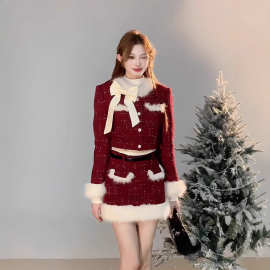 2025冬季小香风红色圣诞/新年套装战袍拼接加厚短款外套半身短裙