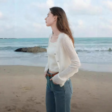 莱赛尔+桑蚕丝2025春秋季V字领短袖镂空外套针织开衫罩衫女外搭