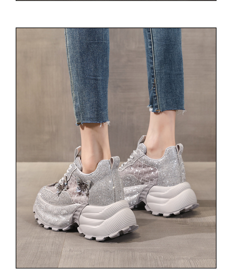 Giày sneaker nữ chunky đế dày đính đá pha lê thời trang — màu be chi tiết 13