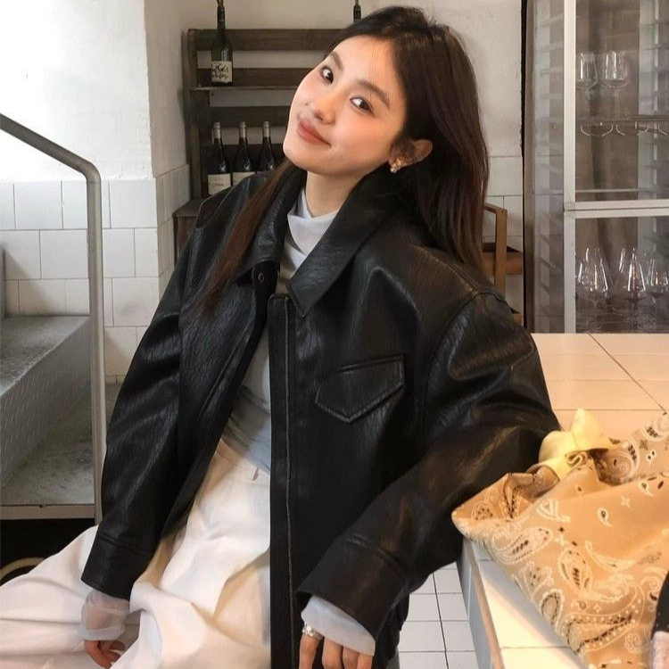 Slim Lapel Street Fashion High-End Black Leather Jacket Spring and Autumn Jacket Leather Retro Korean Style Motorcycle Versatile New Women's High