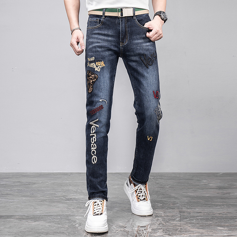 Tredy brodé jeas me's slim fit leggigs, automne ad witer ew corée élastique noir polyvalent bûche pats pour_voghion.com