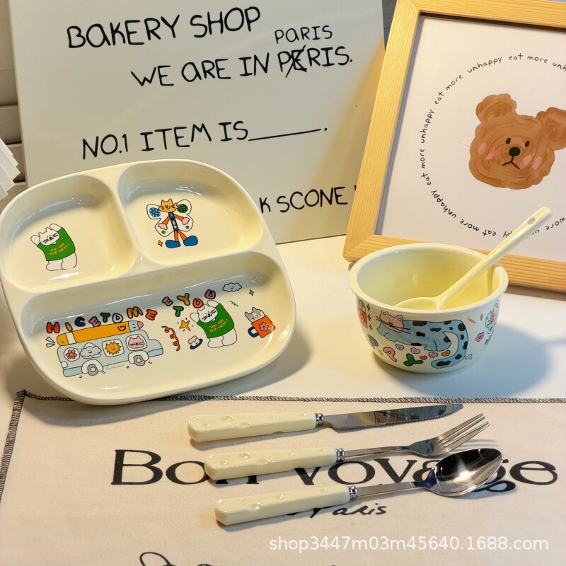 Graffiti-Style Divided Plate Ceramic Rice Bowl Cute Home Dormitory Breakfast Plate High Aesthetic Value Single-Serving Tableware Set