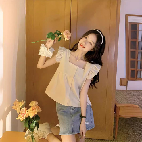 Short-sleeved New Summer Dress Hot Girl 2024 Square Neck Short Feifei Sleeve Floral Chiffon French Plaid Navel Top