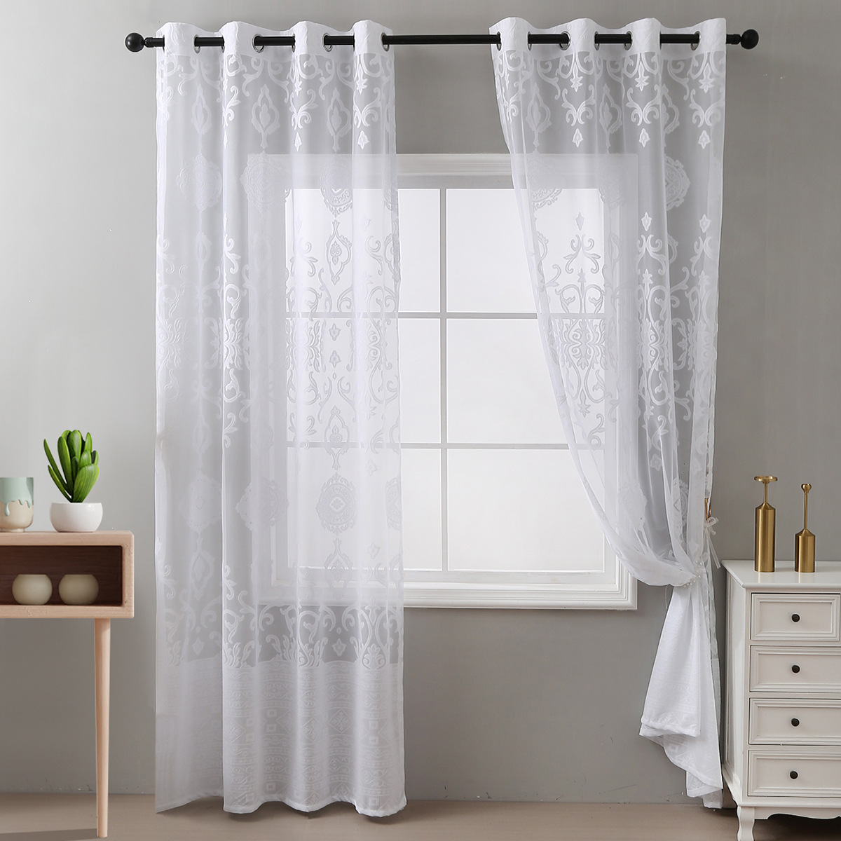 Rideaux prêts à poser à anneaux en fer, motif de pièces de cuivre de style américain, pour la maison_voghion.com