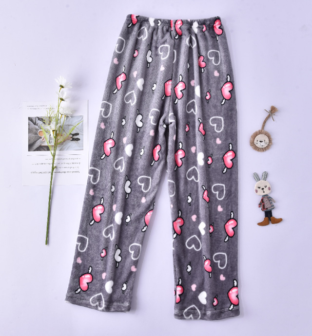 Pantalones de pijama para mujer de otoño e invierno, pantalones largos de franela, ropa de estar de forro polar coral, venta al por mayor de una sola pieza, ropa de casa cálida y dulce.