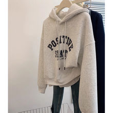 小个子宽松连帽衫花灰色加绒加厚正肩套头长袖卫衣女款韩系慵懒风