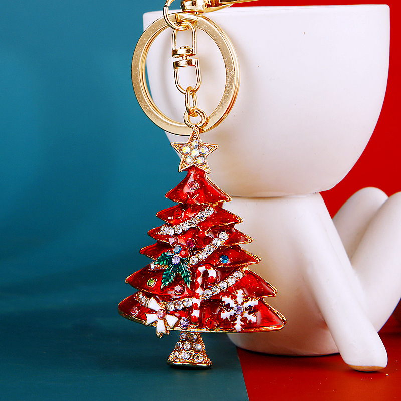 Diamond studded Christmas tree car metal cute couple bag pendant keychain ring small gift_voghion.com
