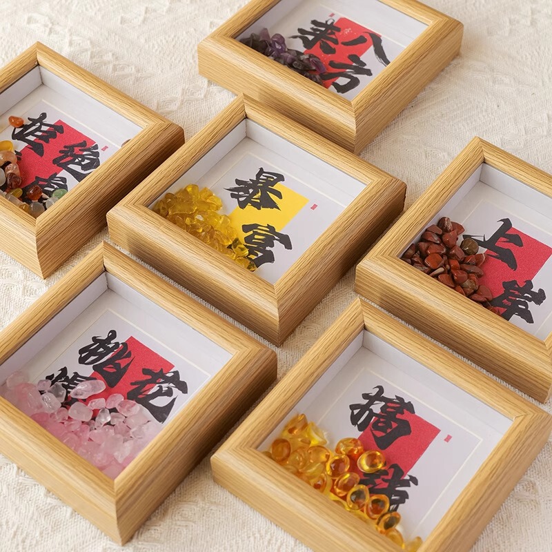 Natural Crystal Gravel Fortune Photo Frame Crystal Blessing Wooden Photo Frame Ornaments Fortune Crystal Housewarming Small Gift