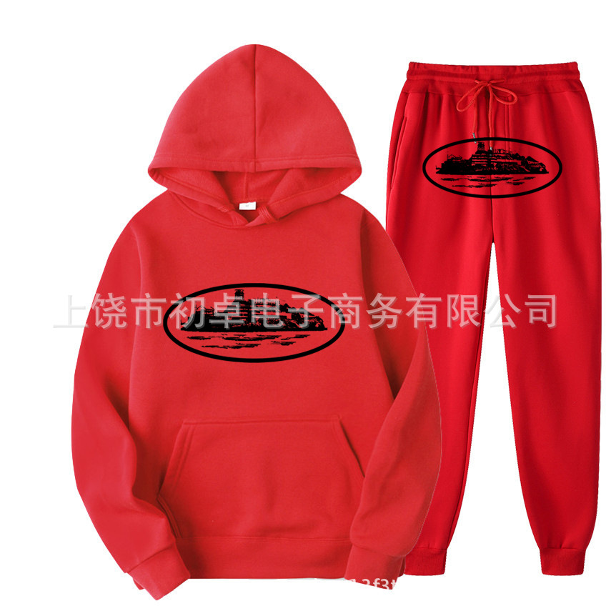 Europeo y americano clint419 diablo prisión patrón hombres y mujeres mismo suéter traje impreso con capucha conjunto de dos piezas al por mayor