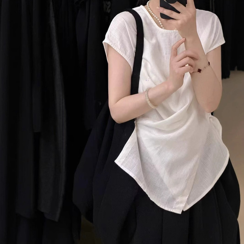 Stylish Pleated Tie Short-Sleeve Linen Shirt for Women, 2026 Summer New Fashion Trendy Niche Slim-Fit Top