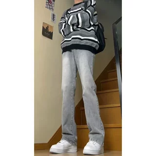 夏季复古薄款美式高街男款烟灰色微喇牛仔裤直筒水洗宽松裤子长裤