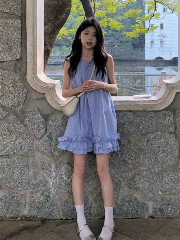 蓝色背心连衣裙女装夏季2025新款减龄小个子海边度假无袖短裙子|undefined
