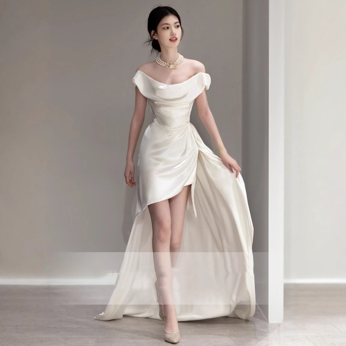 French Style Satin Light Wedding Small Gown White High-end Bride Marriage Engagement Registration Travel Shoot Going Out_ecoleips.com